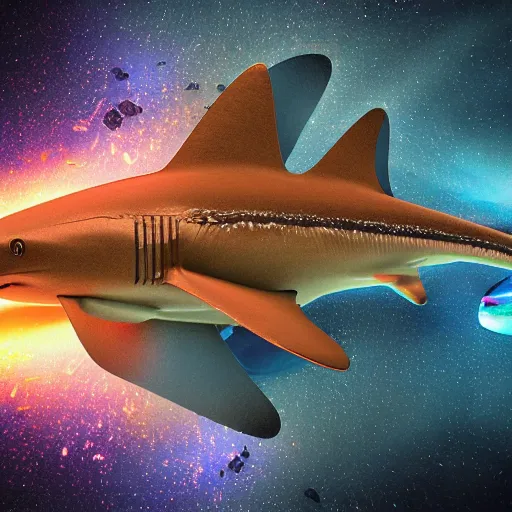 Image similar to Cosmic Shark for maintenance by an unprofessional cyber mackerel, colourful explosion behind. 4K 64 megapixels 8K resolution DSLR filmic HDR Kodak Ektar wide-angle lens 3D shading Behance HD CGSociety Cinema 4D IMAX shadow depth rendered in Blender Unreal Engine hyperrealism photoillustration, lots of reflective surfaces, subsurface scattering