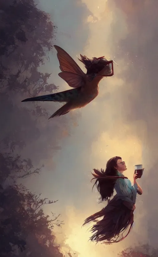 Prompt: woman with brown hair sipping tea as a humming bird flies by, concept art, fantasy, highly detailed, cinematic lighting, digital painting by greg rutkowski