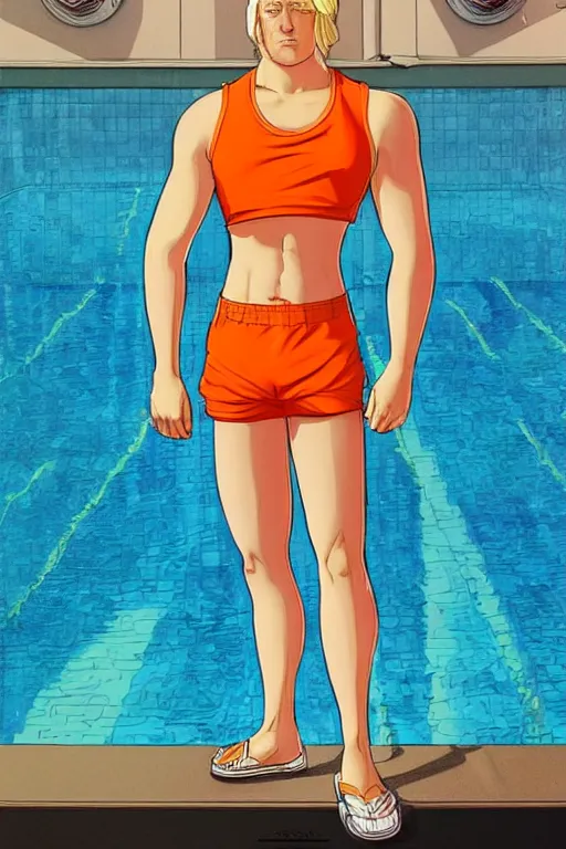 Prompt: a handsome man with blonde hair who is also a male android, ken, donald trump, muscular, wearing a cut-off white tank top and short light orange shorts, stands by a swimming pool, facing forward, in the style of artgerm and moebius and annie liebovitz, photorealistic, highly detailed