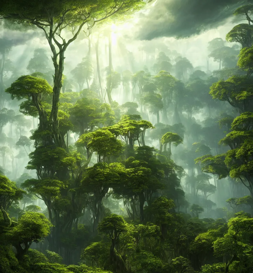 Image similar to environment of multiple detailed complex fractal architecture structures in a vast forest landscape, by glenn small, by albert bierstadt photorealism, hyper realism, octane render, unreal engine, volumetric light, depth of field, volumetric clouds, god rays, lens flares, detailed, intricate, twin motion, megascan, high resolution, realistic render