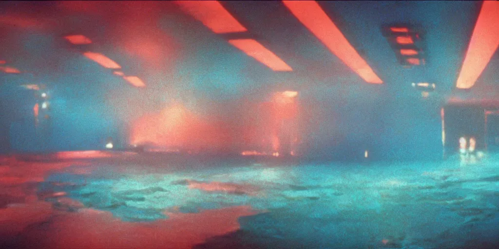 Image similar to color film still, a large wall with the sea painted on it. floor, ceiling with fluorescent lights ; alien 2 ( 1 9 8 6 )