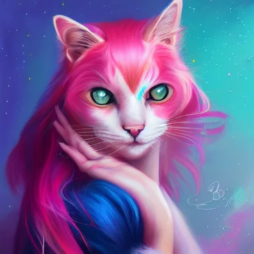 Image similar to colorful and festive cat with pink hair,. rich vivid colors, ambient lighting, dynamic lighting, 4 k, atmospheric lighting, painted, intricate, highly detailed by charlie bowater