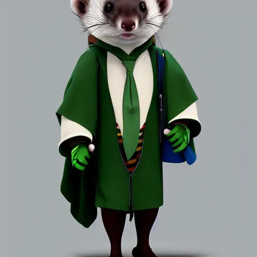 Image similar to a anthropomorphic ferret is dressed as a hogwarts student in slytherin robes, hyperdetailed, artstation, cgsociety, 8 k