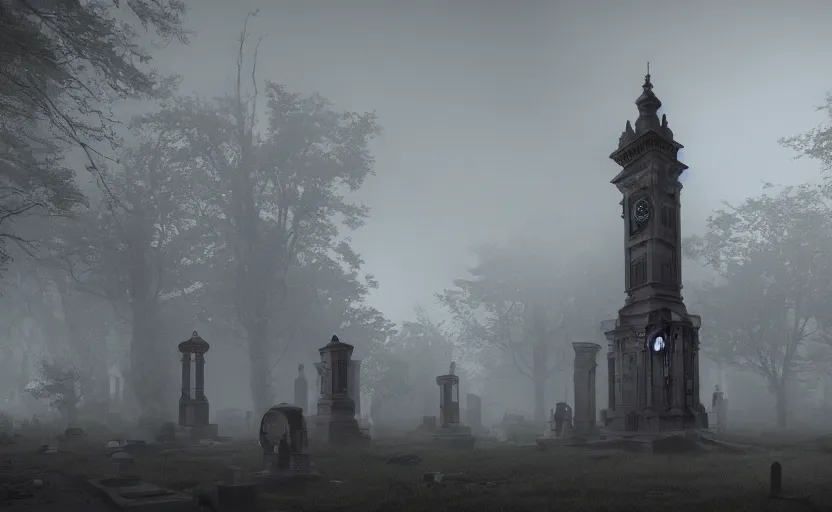 Prompt: graveyard at night with monolithic grandfather clock, gloomy and foggy atmosphere, time travel, octane render, rembrandt, cgsociety, artstation trending, horror scene, highly detailed