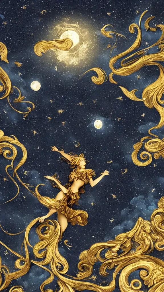 Image similar to sky in a starry night with glowing meteor showers, ascension of a woman decomposing and dissolving into moon, dark - blue black gold beige saturated, ornate baroque rococo art nouveau intricate detail, 3 d specular lighting, cinematic, blur