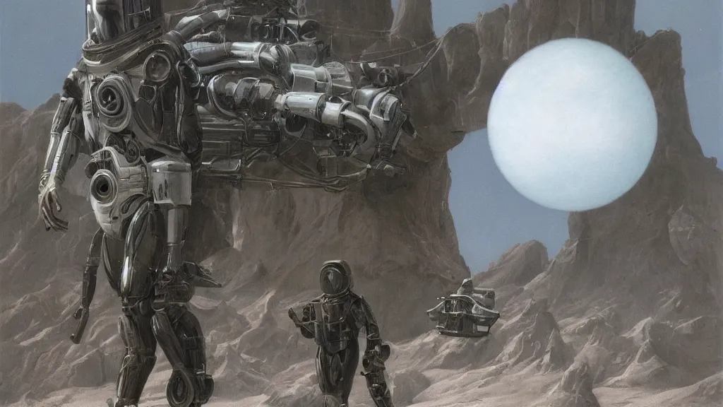 Prompt: organic spacesuit design by john schoenherr and jim burns, epic cinematic matte painting