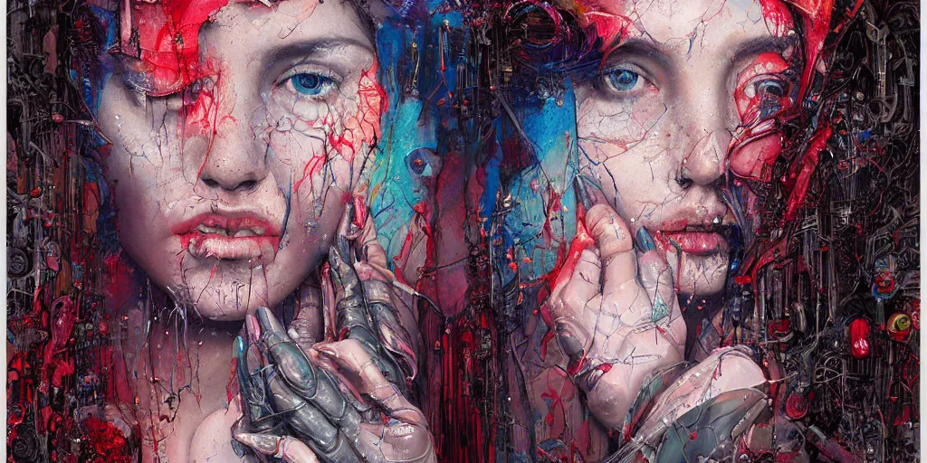 Prompt: portrait of Virgin Mary, melting ,8k,by tristan eaton,Stanley Artgermm,Tom Bagshaw,Greg Rutkowski,Carne Griffiths, Ayami Kojima, Beksinski, Giger,trending on DeviantArt,face enhance,hyper detailed,minimalist,cybernetic, android, blade runner,full of colour, super detailed