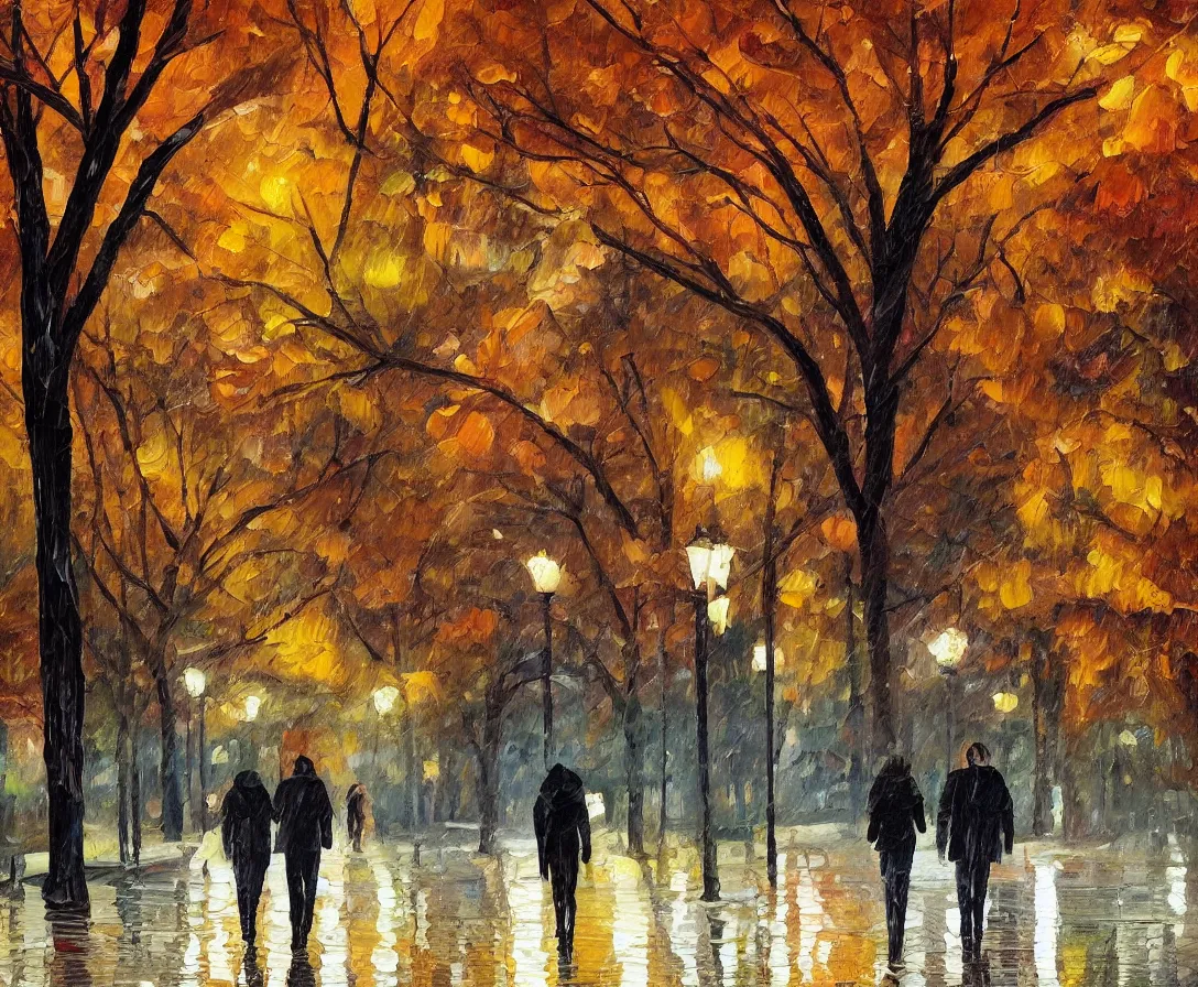 Image similar to a couple walking in the park, oil painting, night time, new york city, trees, fall season, rain, wet walkway, park bench, street lights, soft tones