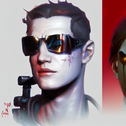 Image similar to portrait of metal ryan reinolds, terminator red eyes, mattepainting concept blizzard pixar maya engine on stylized background splash comics global illumination lighting artstation lois van baarle, ilya kuvshinov, rossdraws