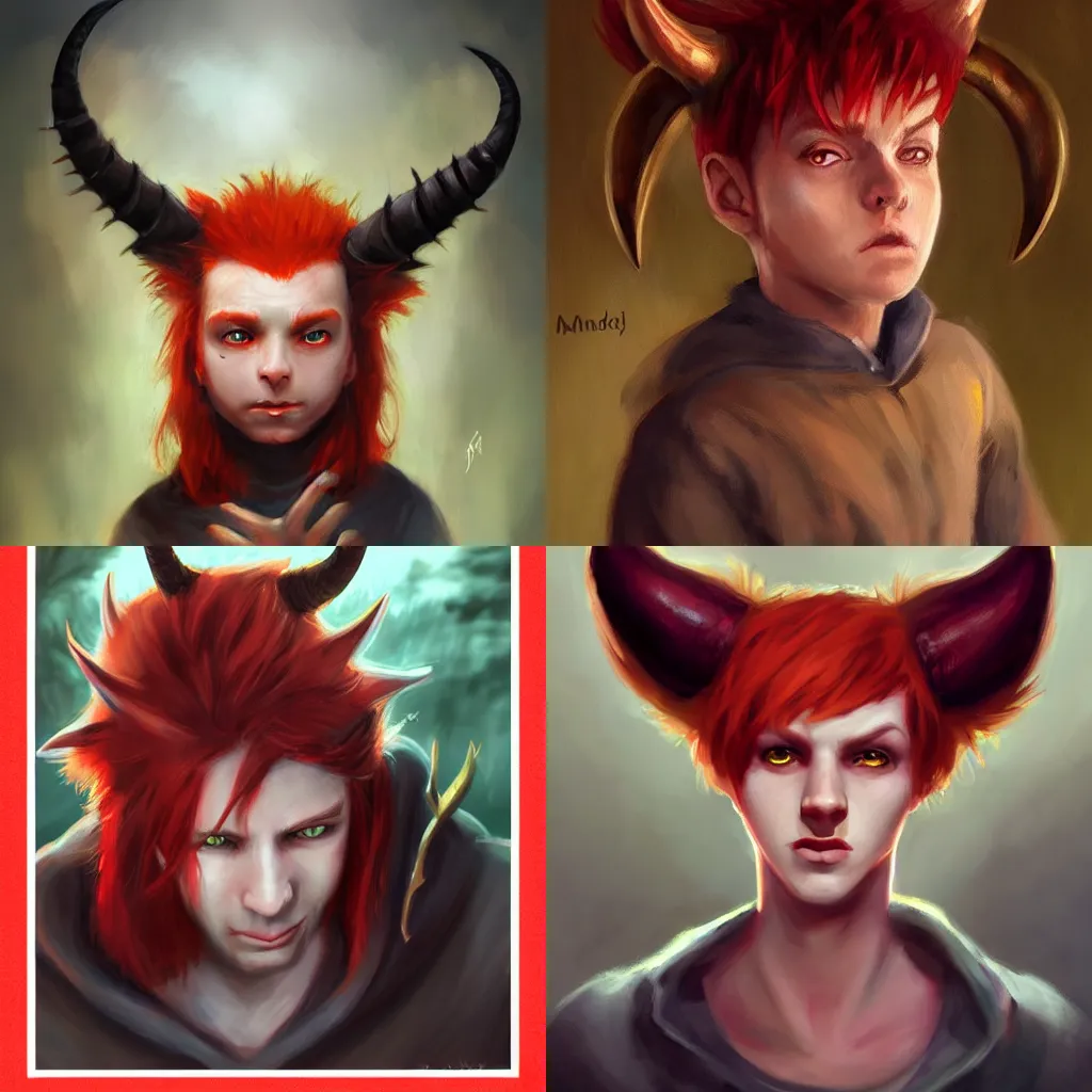 Prompt: a red haired boy with golden eyes and demon horns and a spiked tail. By Mandy Jurgens