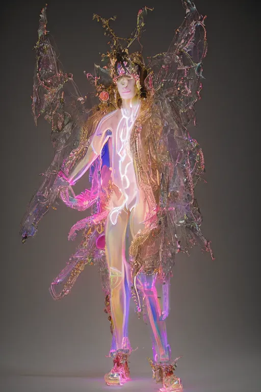 Image similar to full-body rococo and cyberpunk delicate neon crystalline sculpture of (((muscular slender Nick Jonas))) as an iridescent humanoid deity wearing a thin see-through ((plastic hooded cloak)) sim roupa (holding a human skull), reclining con (las piernas abiertas), glowing pink face, crown of (((white lasers))), large diamonds, swirling black silk fabric. futuristic elements. oozing glowing liquid, full-length view. space robots. intricate artwork by caravaggio. Trending on artstation, octane render, cinematic lighting from the right, hyper realism, octane render, 8k, depth of field, 3D