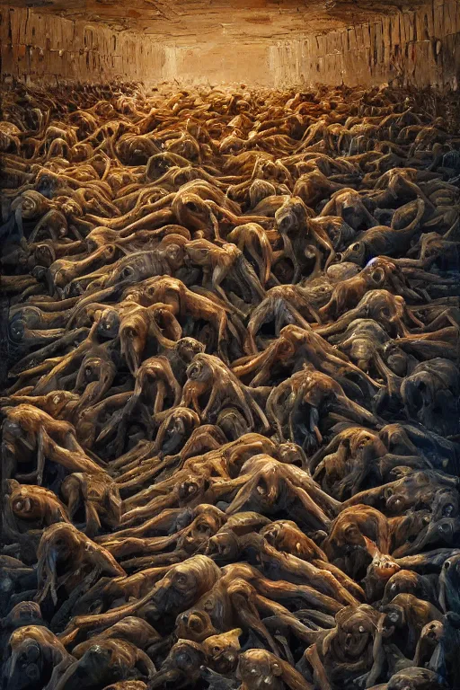 Image similar to palette knife oil painting of hundreds of rats forming the shape of a human. sewer, dark lighting. extreme detail. artstation trending, artgerm, deviant art, octane, substance, art history 8 k