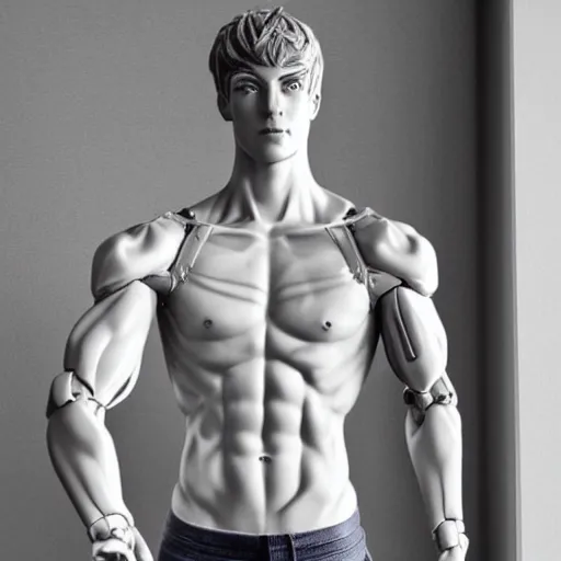 Image similar to a realistic detailed photo of a guy who is an attractive humanoid who is half robot and half humanoid, who is a male android, twitch streamer ninja tyler blevins, shiny skin, posing like a statue, blank stare, in a living room, on display, showing off his muscles