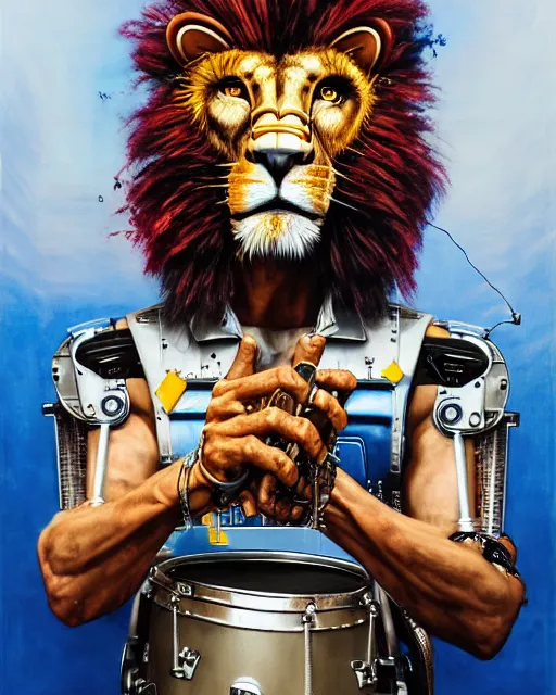 Image similar to a portrait of an anthropomorphic cyberpunk lion playing congas by sandra chevrier, by jon foster, detailed render, tape deck, epic composition, cybernetics, 4 k realistic, cryengine, realistic shaded lighting, sharp focus, masterpiece, by enki bilal