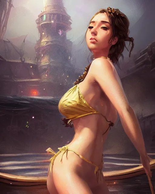 Image similar to A beautiful female maid wearing a magical bikini posing on a boat, detailed face, fantasy art, in the style of greg rutkowski, illustration, epic, fantasy, intricate, hyper detailed, artstation, concept art, smooth, sharp focus, ray tracing, profile shot