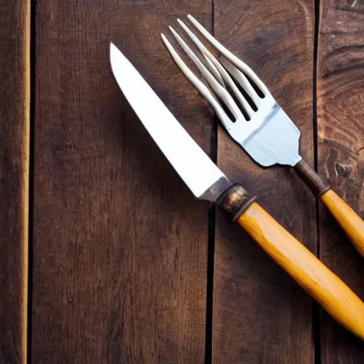 Image similar to a fork, a plate and a knife on a wooden table