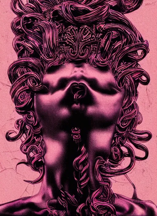 Image similar to dark design poster showing a statue of medusa, black background with very subtle red and purple design elements, powerful, ominous, nekro, guido crepax, thin straight lines, dark, glitch art, neo vaporwave, gritty, layout frame, square, trending on artstation