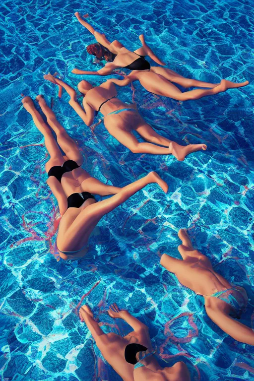 Image similar to summer swimming party, dark fantasy, Hawaii, symmetry, octane render
