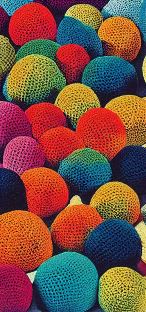 Image similar to multicolored crocheted blobs and pieces, 1 9 8 0 s catalogue photo