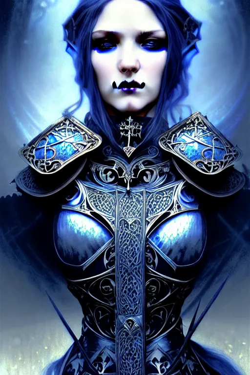 Image similar to beautiful luxury and gothic and victorian and evil medieval female blue & white color armor knight portrait+smoky eyes+light flowing hair, in ruin gothic cathedral, ultradetail face, art and illustration by tian zi and craig mullins and WLOP and alphonse mucha, fantasy, intricate complexity, human structure, fantasy world concept, watermark, blurry, hyperrealism 8k