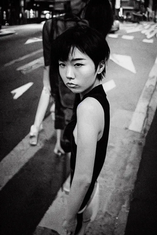 Prompt: a beautiful gorgeous Japanese edgy model girl with short hair, she's sad, sunset, street of Hong Kong, 80mm lens, 1.2 aperture, grainy image, close up, cinematic light, very detailed, depressing atmosphere, cover magazine