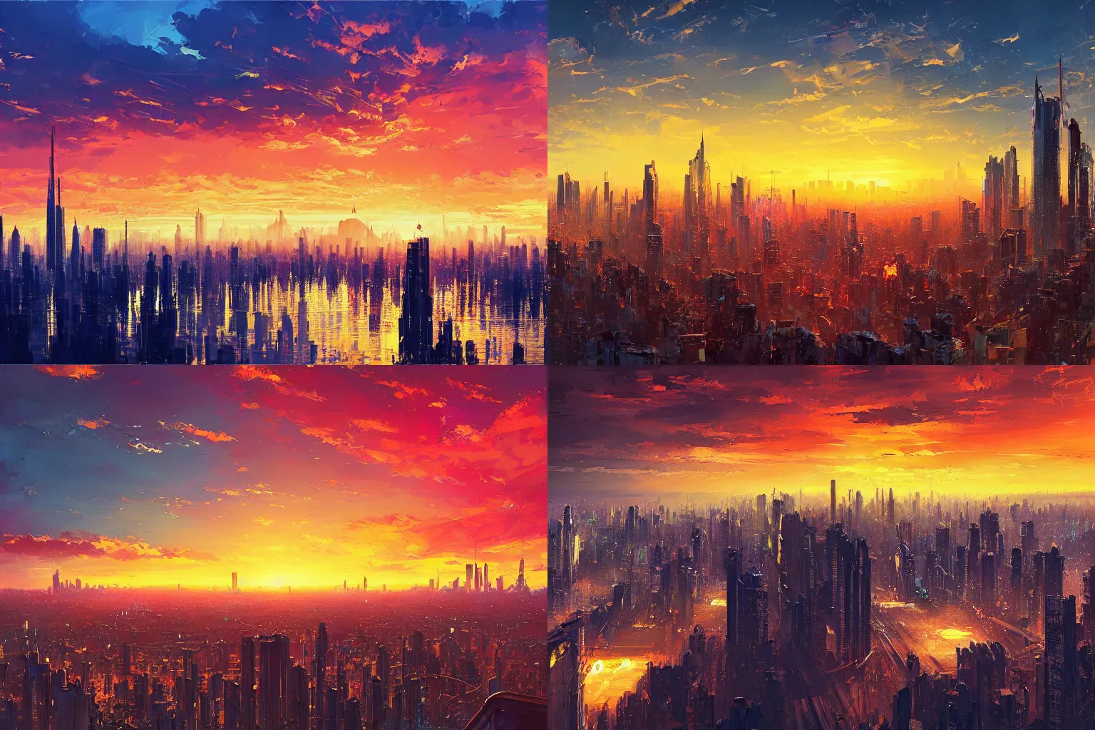 Prompt: concept art of a beautiful sunset over a city skyline by Alena Aenami and John Berkey, wide angle, digital art, brush strokes, cinematic, matte, detailed, vivid