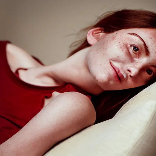 Image similar to portrait of a cute thin young woman, red blush, cute freckles wearing casual clothes, small smile, relaxing on a couch, cozy living room, close up shot, 8 k, art by ron mueck and irakli nadar, hyperrealism, hyperdetailed, ultra realistic