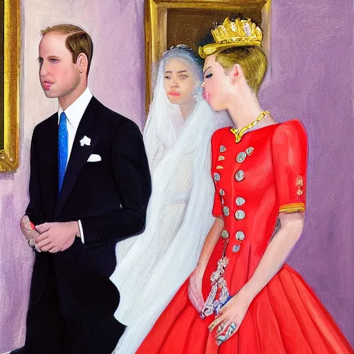 Image similar to detailed painting of prince william marrying american popstar miley cyrus, happy couple, official portrait, national portrait gallery, oil on canvas, painting