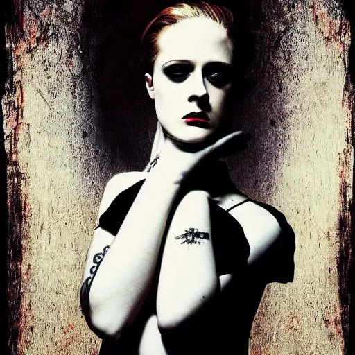 Image similar to a striking esoteric painting of Evan Rachel Wood, dark, metal, black background, occult, by Paulina Peavy