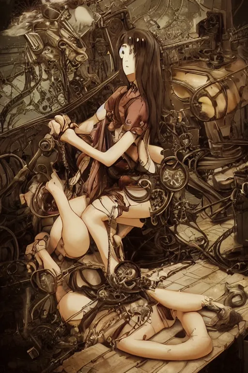 Image similar to anime style illustration, old sick dragon on a steam punk fainting couch with wires and gears and steam punk apparatus, artstation, matte painting, style of studio ghibli and huang guangjian and gil elvgren and sachin teng, featured in artstation and artgerm and pixiv, award winning, cinematic, elegant, intricate, 8 k