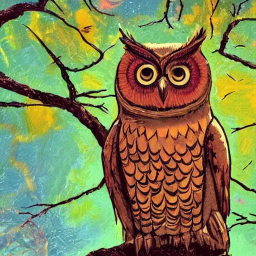 Prompt: a wise owl sits on a tree branch and contemplates the meaninglessness of money, synesthesia pastel impasto highly rhythmic expressionistic wild symmetrical pleasing palette trending on artstation funhouse surreal unpredictable wild unexplainable fantasy land in the gritty posterized grainy analog style of studio ghibli and 1 9 6 0 s americana comics, hq 8 k scan