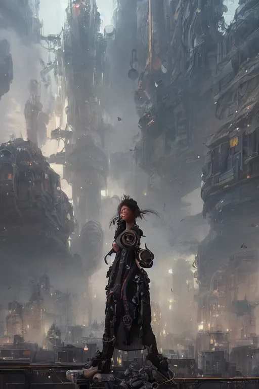 Image similar to a portrait of a small women wearing sci-fi armour standing in the foreground of a steampunk city by Greg Rutkowski, Sung Choi, Mitchell Mohrhauser, Maciej Kuciara, Johnson Ting, Maxim Verehin, Peter Konig, final fantasy , mythical, 8k photorealistic, cinematic lighting, HD, high details, atmospheric,