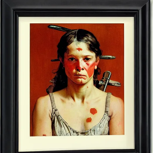 Image similar to frontal portrait of a savage barbarian female, by norman rockwell