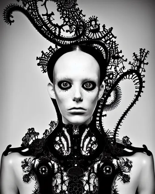 Image similar to surreal black and white photo portrait of complex bio-mechanical beautiful young female vegetal-cyborg with a Mandelbrot fractal steampunk metal fine lace face, a very long neck and a fine metal floral foliage super big lace collar by Alexander McQueen:: smoke, high fashion, haute couture, rococo, steampunk, silver filigree details, anatomical, facial muscles, cable wires, microchip, elegant, dreamy, foggy atmosphere, hyper realistic, 150 mm lens, soft rim light, octane render, unreal engine, picture was taken in 1910 by Man Ray, volumetric lighting, dramatic light,8k,