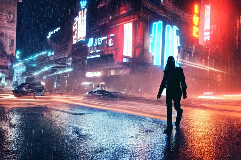 Image similar to a cinematic photograph of jesus walking through a dystopian city street whilst a large group of cyber tech robots follow, rain falls, neon advertisement light up the street, ultra realistic, high definition