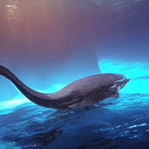 Prompt: blue whale being eaten by a cyclops underwater blue glow seaweed tiny fish wide angle unreal engine