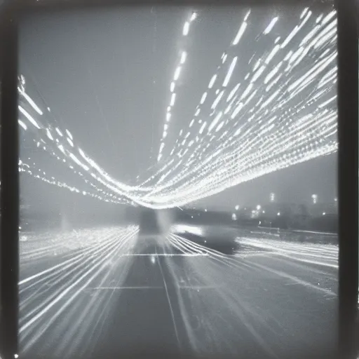 Prompt: a circle of lights flying through the sky, blurry photo, old polaroid, expired film, historical photo,