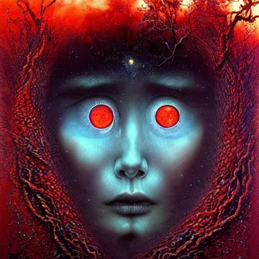 Image similar to the night sky is black and full of stars, huge red eyes are floating in the sky, their irises are red, ethereal tentacles, by Esao Andrews and Karol Bak and Zdzislaw Beksinski, vivid colors