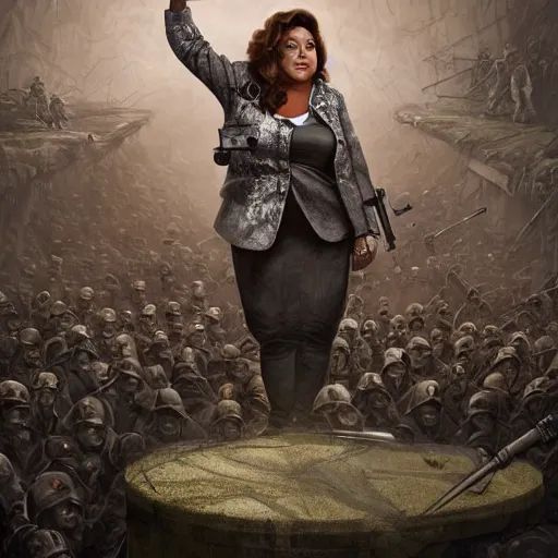 Image similar to abby lee miller as a military dictator, giving a speech to her troops by artgerm and wlop and scott fischer and seb mckinnon, digital art, highly detailed, wide shot, intricate, fantasy, mystical, sharp focus, Trending on Artstation HQ, deviantart, unreal engine 5, 4K UHD image