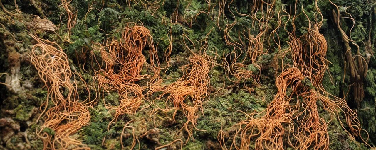 Image similar to taxidermized, the first humans discovering spaghetti on a mountain side, cloud forest, hyper - realistic, small details, intricate, sharply focused, 2 0 mm lens, wes anderson film, kodachrome