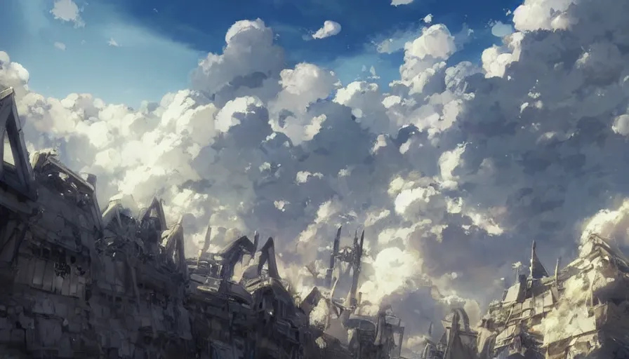 Image similar to a apocalyptic city ruin, fluffy white clouds in the blue sky on a beautiful windy day, trending on pixiv fanbox, painted by takashi takeuchi greg rutkowski makoto shinkai takashi takeuchi studio ghibli