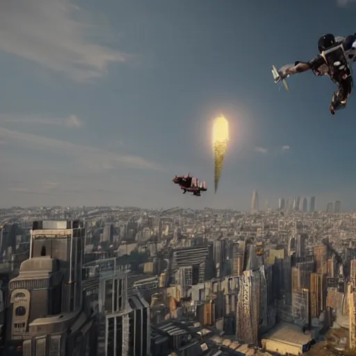 Prompt: a man flying with a jetpack above above a big city | The city is in war | High tech equipment | in unreal engine