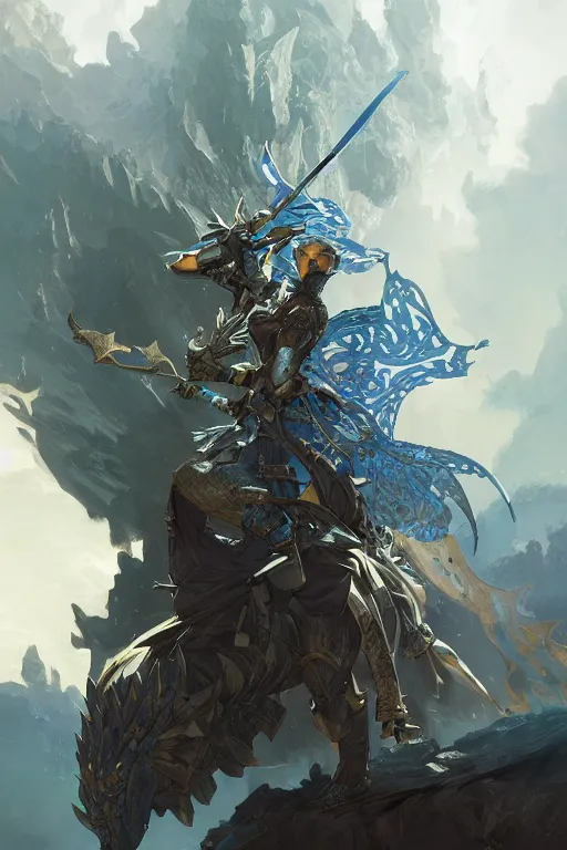 Image similar to Fantasy azure knight, moonlit, HD, illustration, epic, D&D, fantasy, intricate, elegant, highly detailed, digital painting, artstation, concept art, smooth, sharp focus, illustration, art by artgerm and greg rutkowski and alphonse mucha, monster hunter illustrations art book