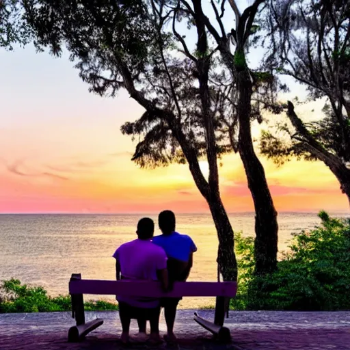 Image similar to a photo of a couple sitting on a park bench looking at a beautiful purple and yellow sunset over the ocean. The sky is green