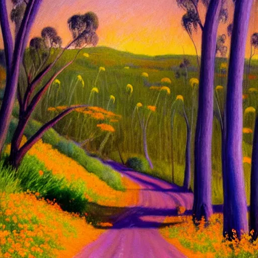 Image similar to a painting of a dirt road surrounded by eucalyptus trees and california golden poppies, violet woodland hill in the distance, violet sunset. an oil painting by magali villenueve, green orange violet triadic color palette, featured on deviantart, australian tonalism, pre - raphaelite, impressionism, detailed painting