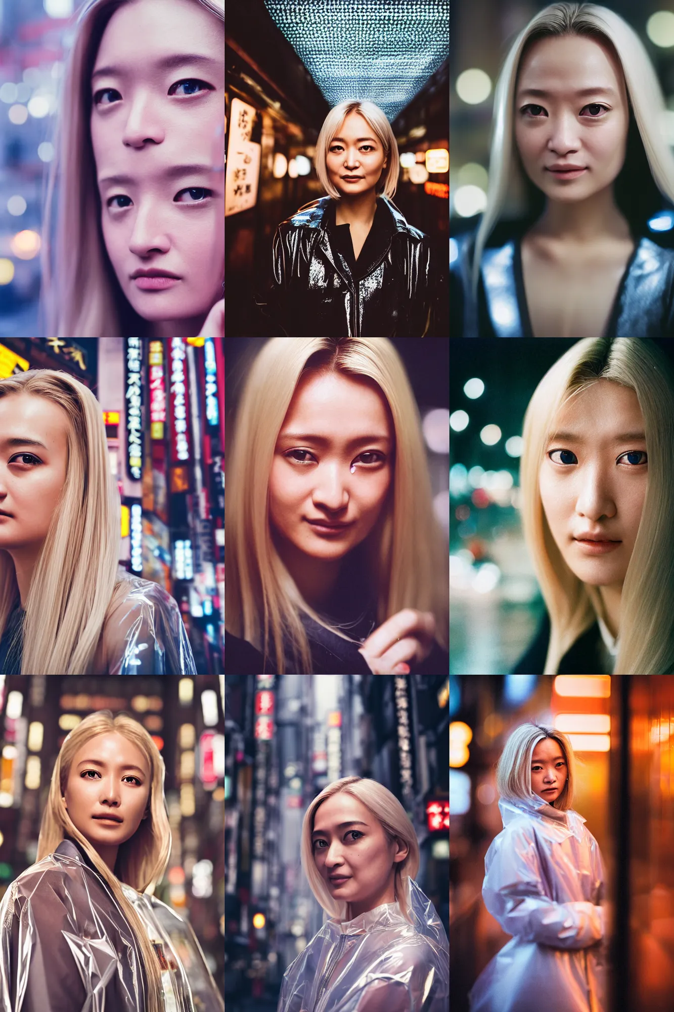 Prompt: Kodak Portra 400, 8K, highly detailed, 3/4 extreme closeup portrait, clear eyes, focus on clear transparent raincoat blonde girl model, tilt shift zaha hadid style background: famous blade runner remake, tokyo izakaya scene