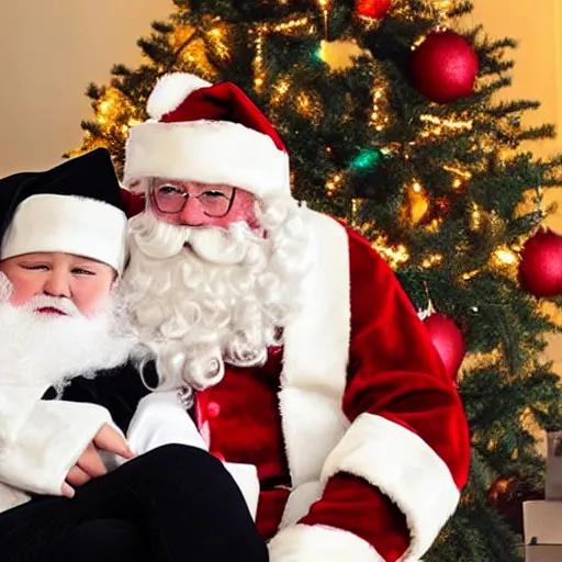 Prompt: A small Santa with a smaller mall santa on his lap