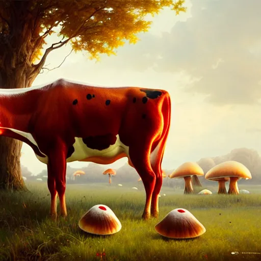 Image similar to many mushrooms sprouting from a cow's back. a cow with a red skin with white dots. highly detailed, digital painting, artstation, smooth, sharp focus, masterpiece, illustration, art by greg rutkowski and alphonse mucha