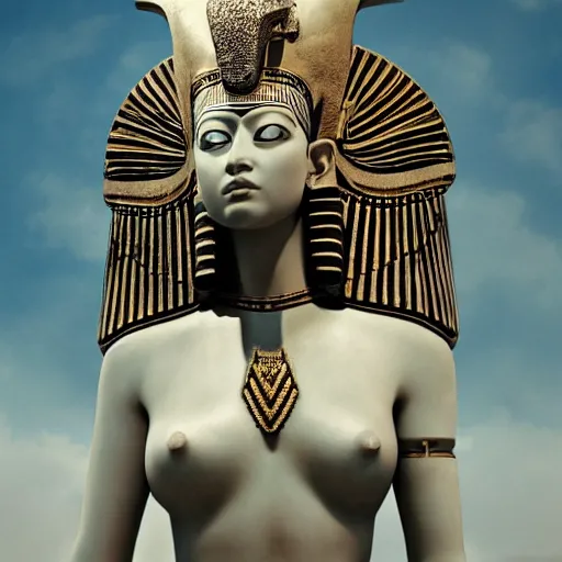 Prompt: A digital masterpiece illustration concept art of giant porcelain statue of a very beautiful Ancient egyptian princess its top in the heaven, beautiful eyes, symmetrical face, symmetrical body, taiga landscape + inspired art by mark brooks, peter kemp + Extremely detailed and intricate complexity + epic composition, magical atmosphere, cinematic lighting + wide long shot, wide angle + trending on artstation + 8k