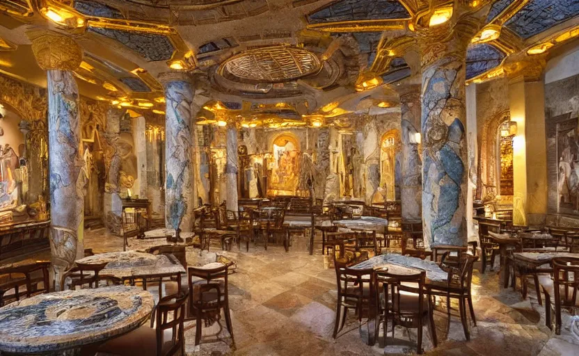 Image similar to interior of an atlantis themed restaurant, ancient greek style, mosaics, pillars, marble, golden details, tables, atmospheric lighting